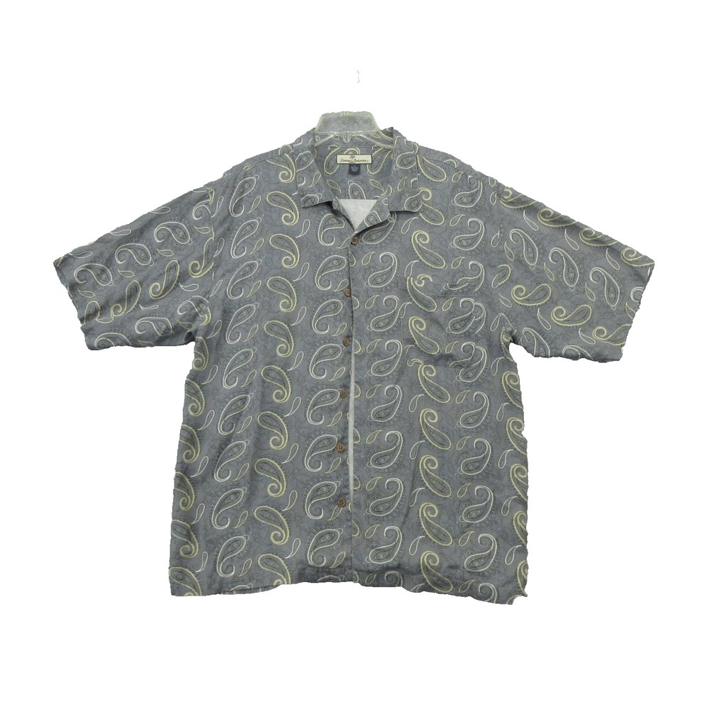 Tommy Bahama Shirt Mens XL Gray Silk Paisley Button Up Short Sleeve Camp Casual